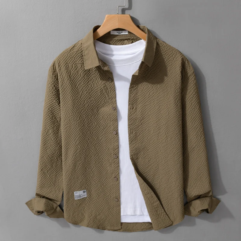 Herren Struktur-Leichthemd im Layering-Style mit Crinkle-Optik und gerundetem Saum Drune