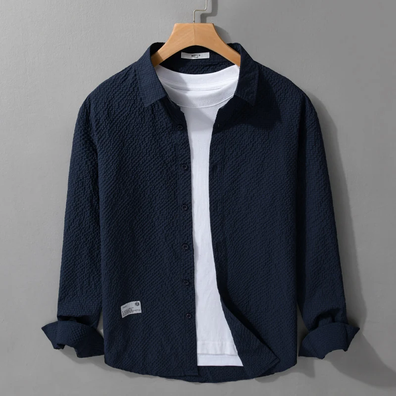Herren Struktur-Leichthemd im Layering-Style mit Crinkle-Optik und gerundetem Saum Drune