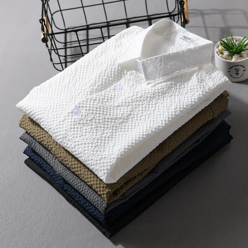 Herren Struktur-Leichthemd im Layering-Style mit Crinkle-Optik und gerundetem Saum Drune