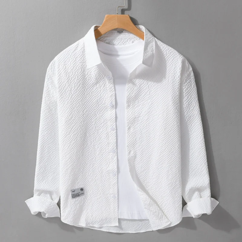 Herren Struktur-Leichthemd im Layering-Style mit Crinkle-Optik und gerundetem Saum Drune