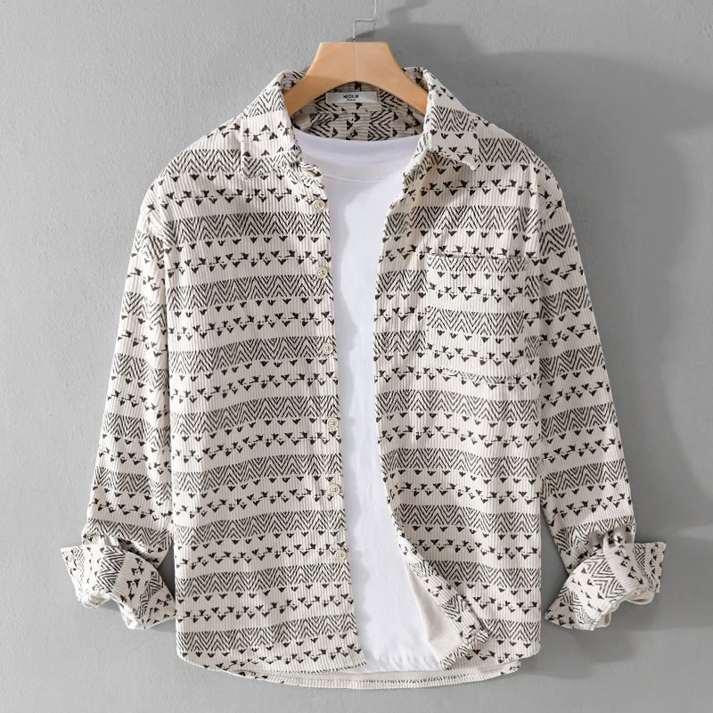 Herren Struktur-Kord-Hemdjacke im Vintage-Look mit Norweger-Motiv Drune