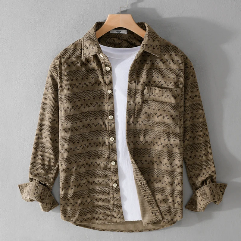 Herren Struktur-Kord-Hemdjacke im Vintage-Look mit Norweger-Motiv Drune