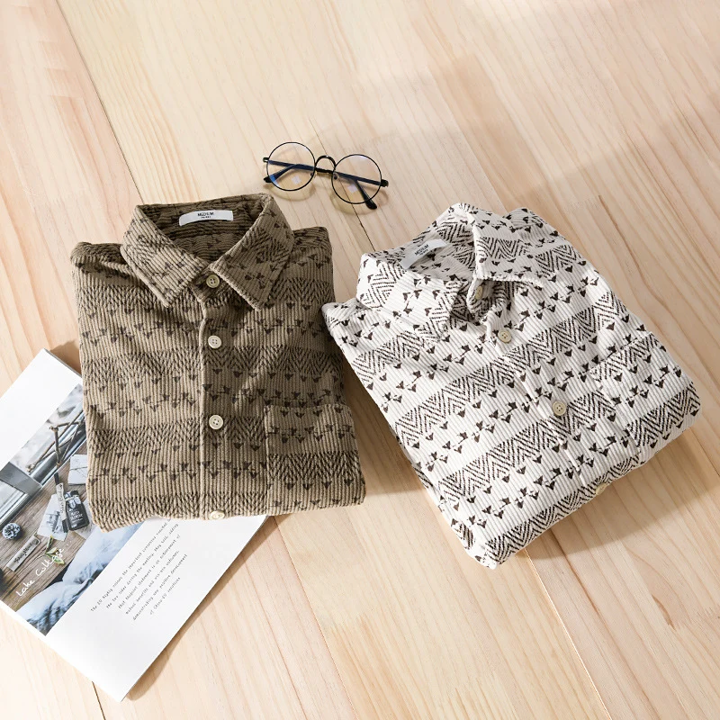 Herren Struktur-Kord-Hemdjacke im Vintage-Look mit Norweger-Motiv Drune