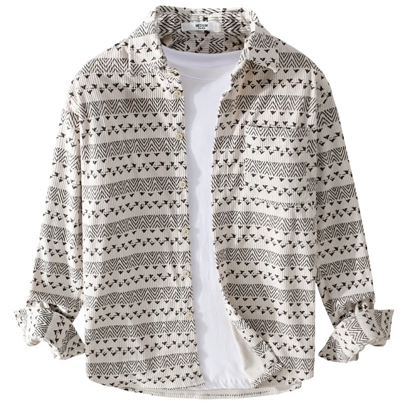 Herren Struktur-Kord-Hemdjacke im Vintage-Look mit Norweger-Motiv Drune