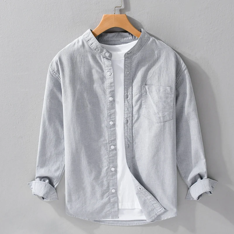 Herren Stehkragen-Overshirt aus Baumwollmix mit tonaler Brusttasche und Soft‑Touch Drune