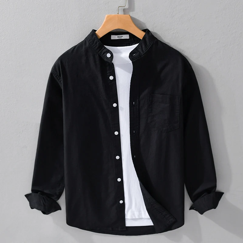 Herren Stehkragen-Overshirt aus Baumwollmix mit tonaler Brusttasche und Soft‑Touch Drune
