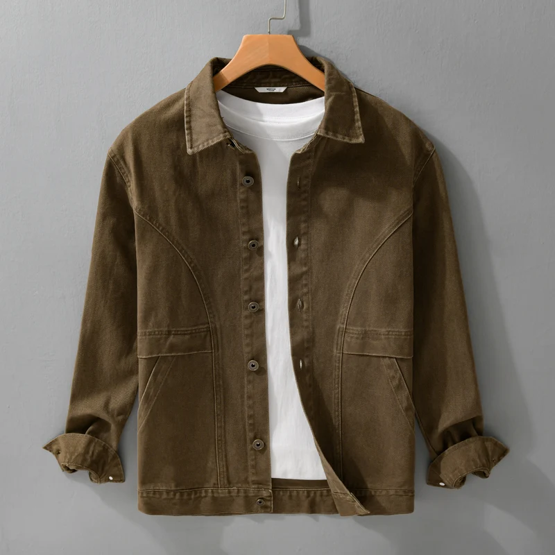 Herren robuste Canvas-Workerjacke mit Fronttaschen und markanten Ziernähten Drune