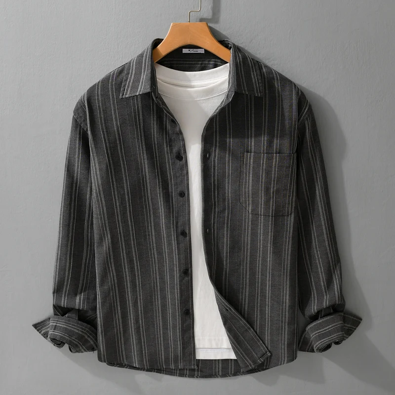 Herren Relaxed-Stripe Hemdjacke aus feinem Baumwoll-Twill mit aufgesetzter Brusttasche Drune