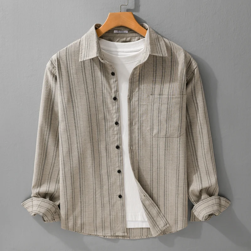 Herren Relaxed-Stripe Hemdjacke aus feinem Baumwoll-Twill mit aufgesetzter Brusttasche Drune