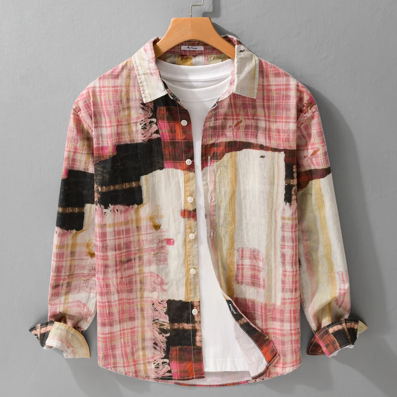 Herren Relaxed Patchwork-Karo Hemdjacke mit ausgefransten Kanten und Crinkle-Finish Drune