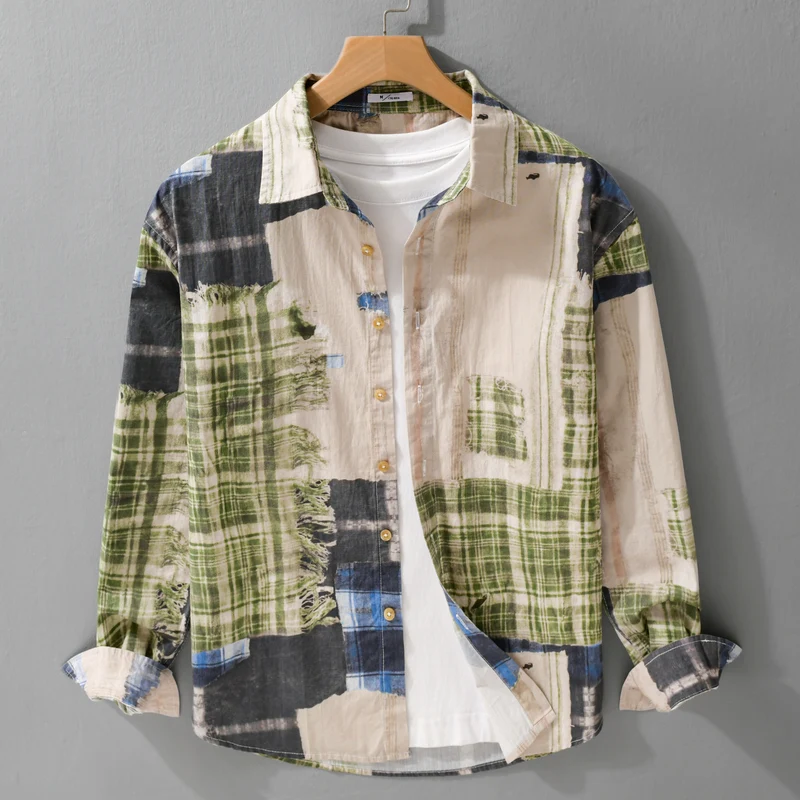 Herren Relaxed Patchwork-Karo Hemdjacke mit ausgefransten Kanten und Crinkle-Finish Drune