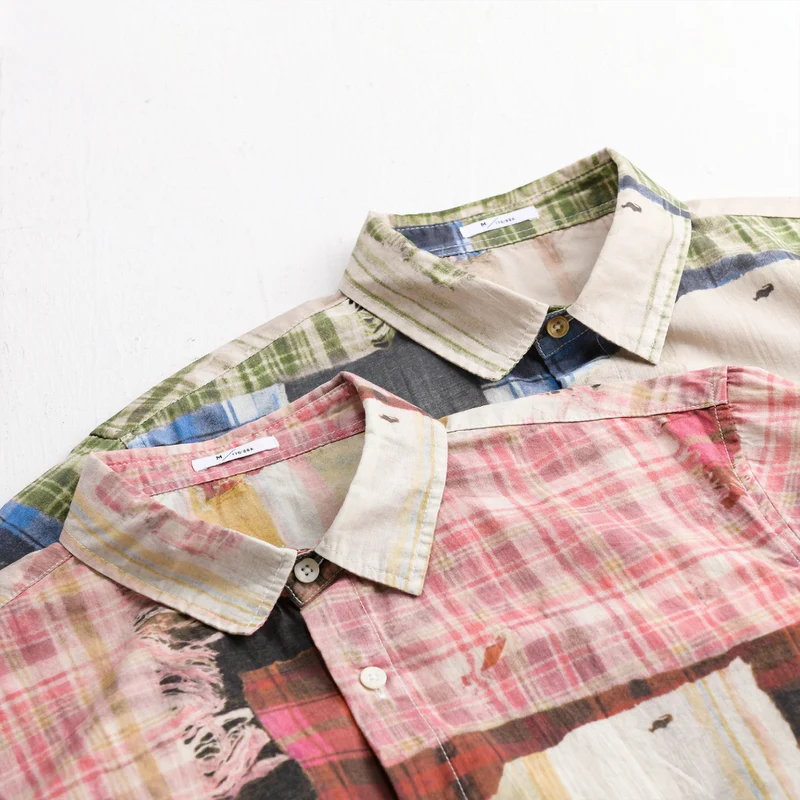 Herren Relaxed Patchwork-Karo Hemdjacke mit ausgefransten Kanten und Crinkle-Finish Drune