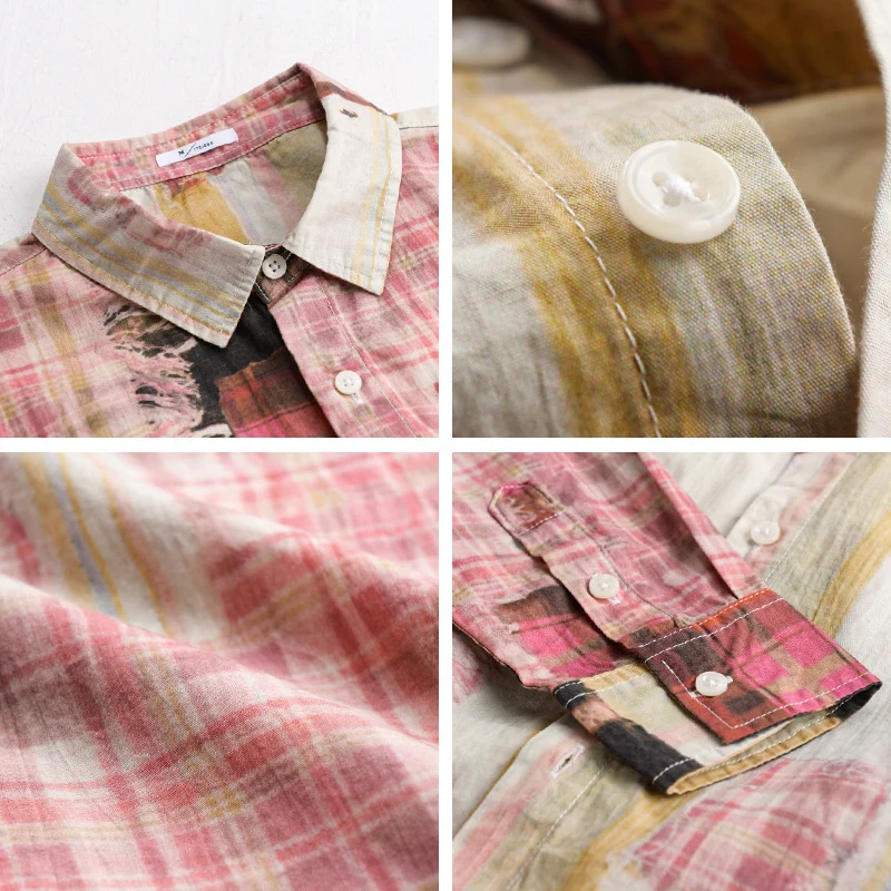 Herren Relaxed Patchwork-Karo Hemdjacke mit ausgefransten Kanten und Crinkle-Finish Drune