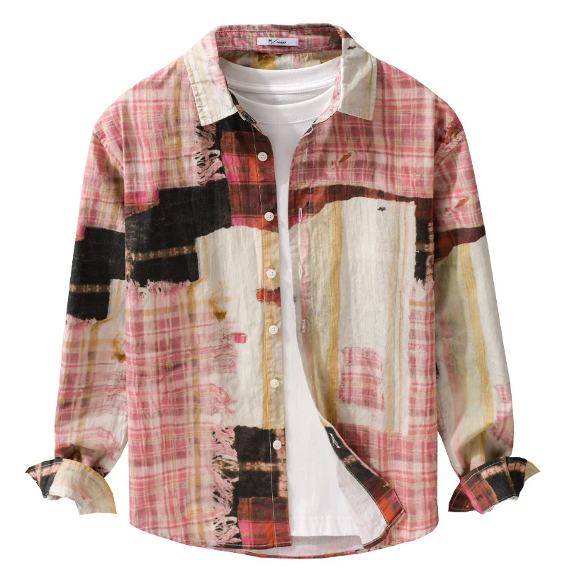 Herren Relaxed Patchwork-Karo Hemdjacke mit ausgefransten Kanten und Crinkle-Finish Drune