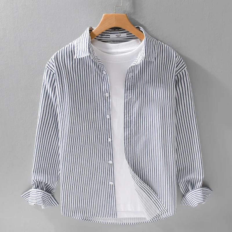 Herren Relaxed-Layering-Hemd mit feinen Längsstreifen, Kentkragen und softem Baumwollmix Drune