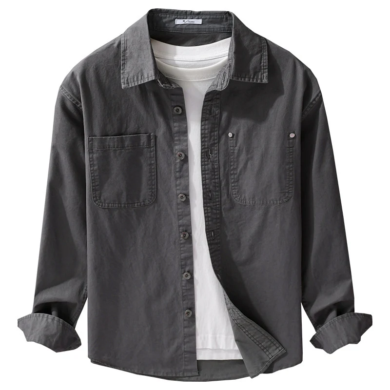 Herren Relaxed-Fit Baumwoll-Overshirt-Jacke mit Doppelbrusttaschen und Kentkragen Drune