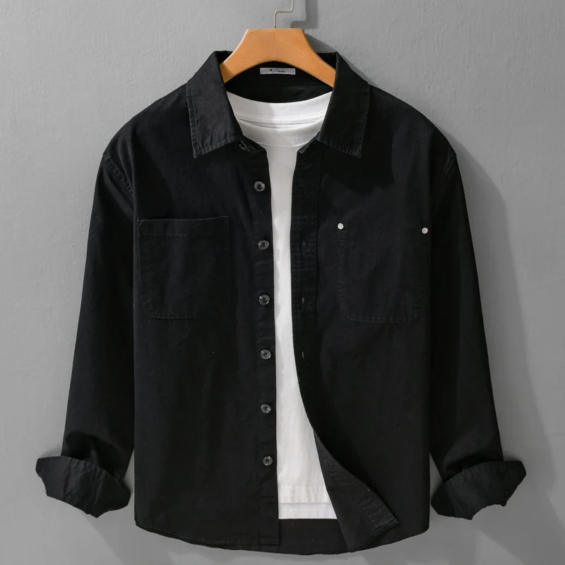 Herren Relaxed-Fit Baumwoll-Overshirt-Jacke mit Doppelbrusttaschen und Kentkragen Drune