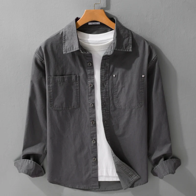 Herren Relaxed-Fit Baumwoll-Overshirt-Jacke mit Doppelbrusttaschen und Kentkragen Drune