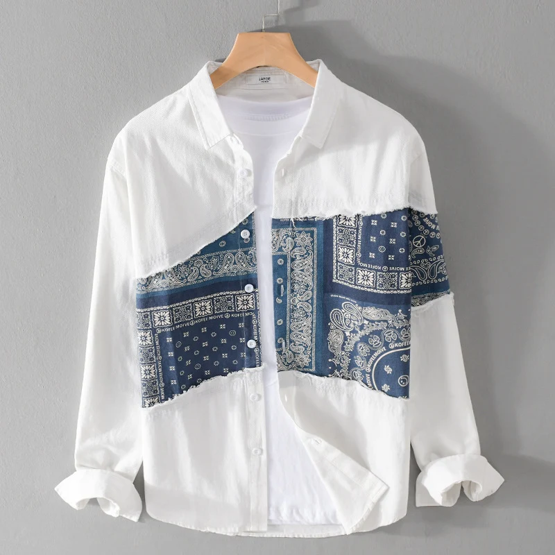 Herren Patchwork-Hemdjacke mit Bandana-Einsatz, rohen Kanten und weiter Passform Drune