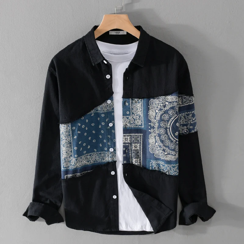 Herren Patchwork-Hemdjacke mit Bandana-Einsatz, rohen Kanten und weiter Passform Drune
