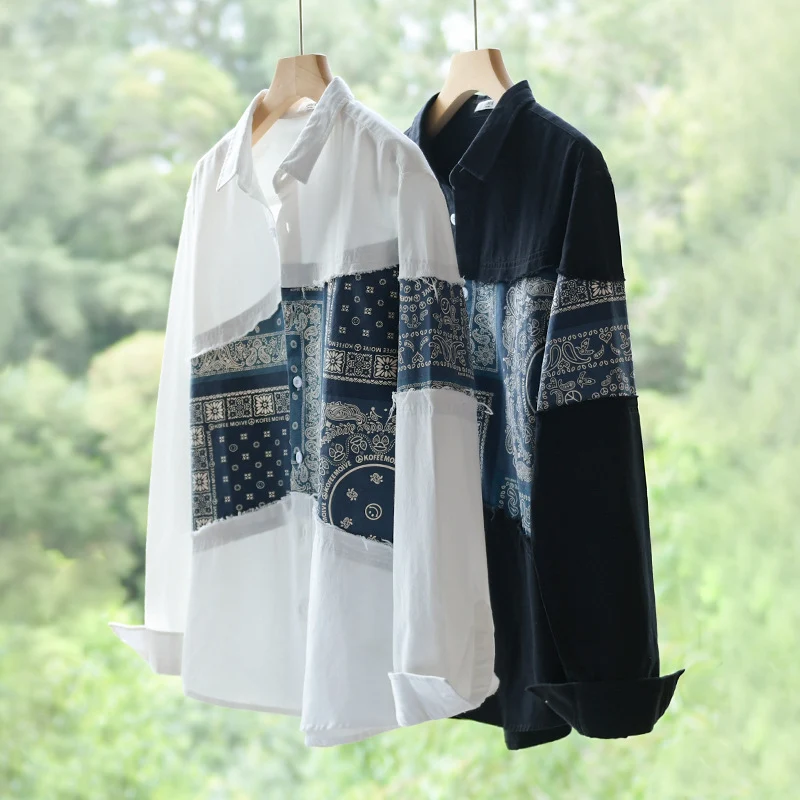 Herren Patchwork-Hemdjacke mit Bandana-Einsatz, rohen Kanten und weiter Passform Drune