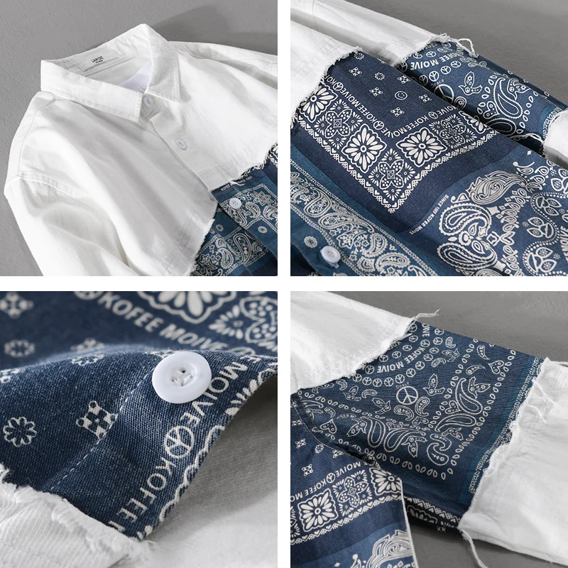 Herren Patchwork-Hemdjacke mit Bandana-Einsatz, rohen Kanten und weiter Passform Drune