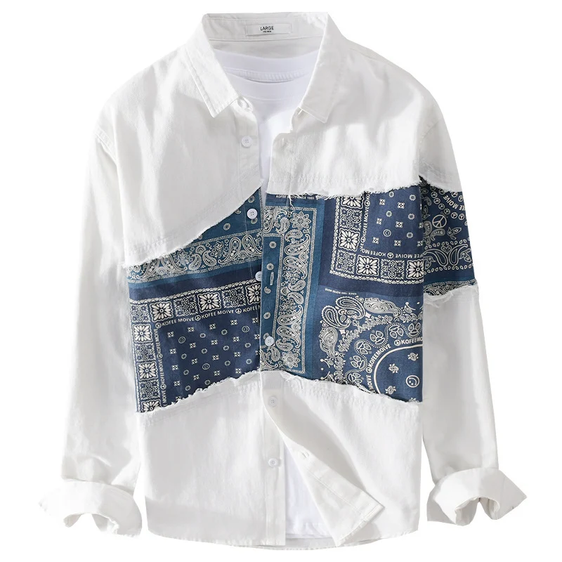 Herren Patchwork-Hemdjacke mit Bandana-Einsatz, rohen Kanten und weiter Passform Drune