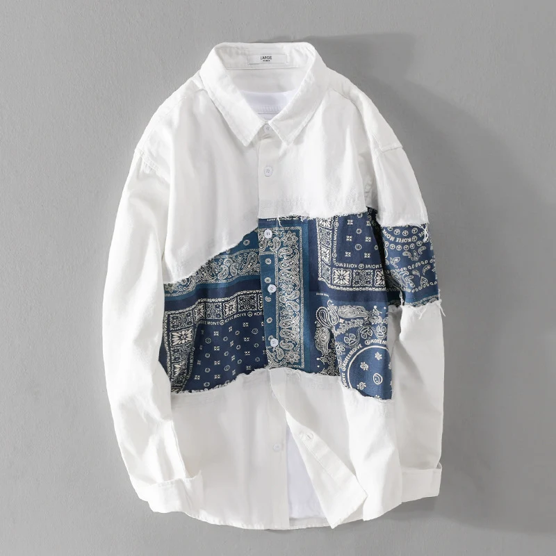 Herren Patchwork-Hemdjacke mit Bandana-Einsatz, rohen Kanten und weiter Passform Drune