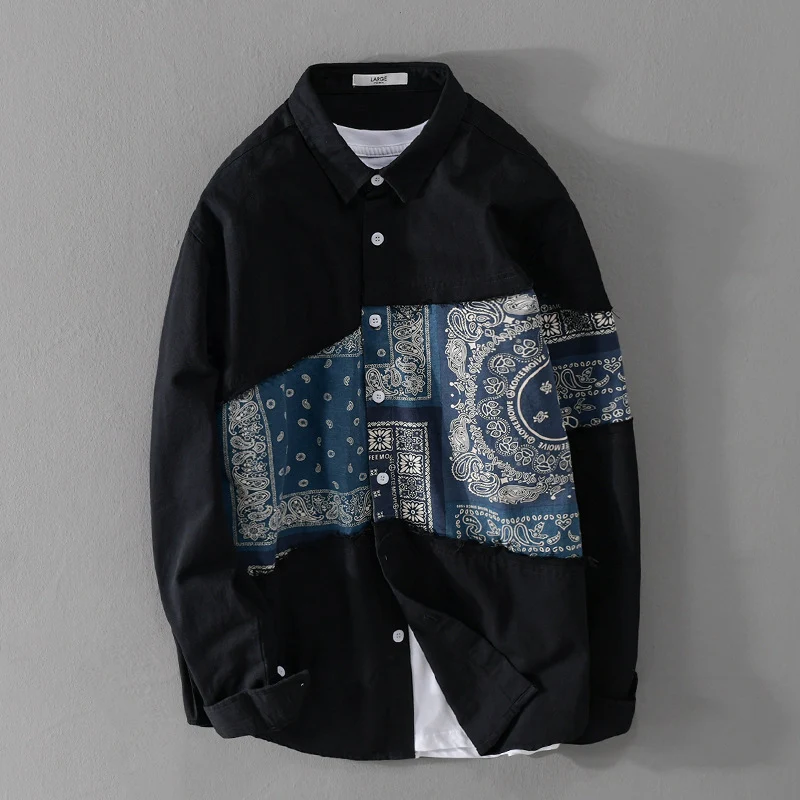 Herren Patchwork-Hemdjacke mit Bandana-Einsatz, rohen Kanten und weiter Passform Drune