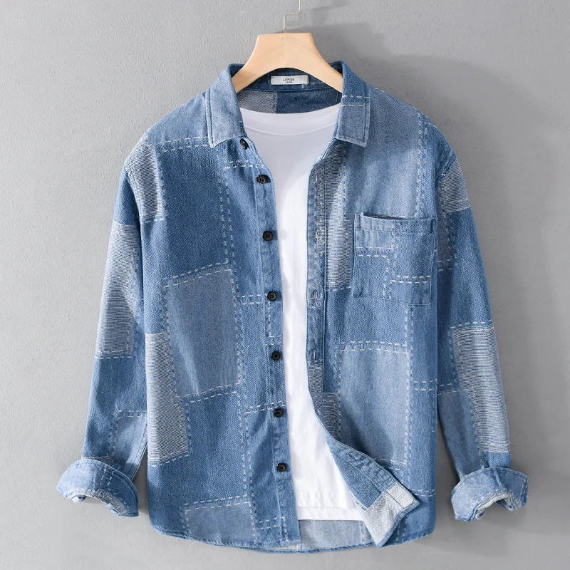 Herren Patchwork-Hemdjacke aus strukturiertem Denim mit sichtbarer Naht und Brusttasche Drune
