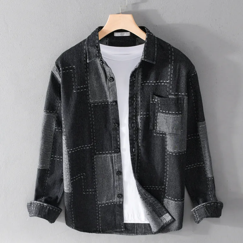 Herren Patchwork-Hemdjacke aus strukturiertem Denim mit sichtbarer Naht und Brusttasche Drune