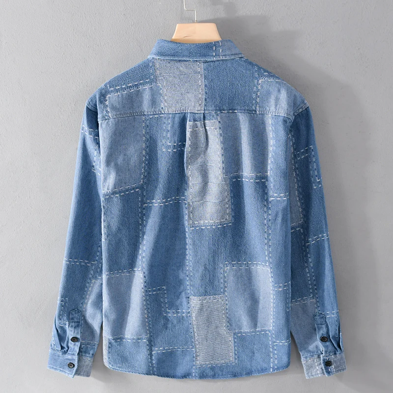 Herren Patchwork-Hemdjacke aus strukturiertem Denim mit sichtbarer Naht und Brusttasche Drune