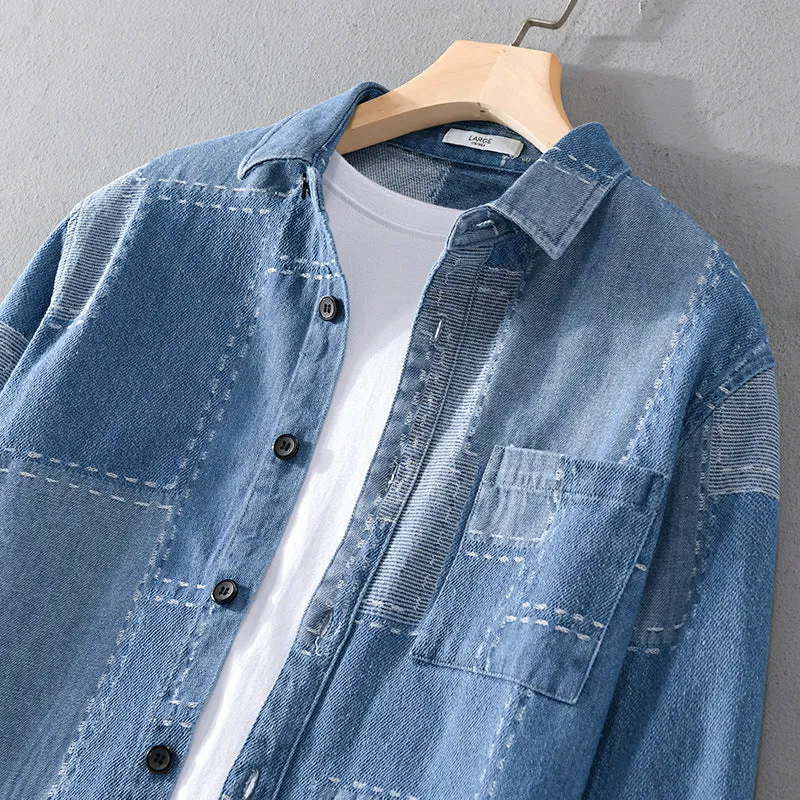 Herren Patchwork-Hemdjacke aus strukturiertem Denim mit sichtbarer Naht und Brusttasche Drune