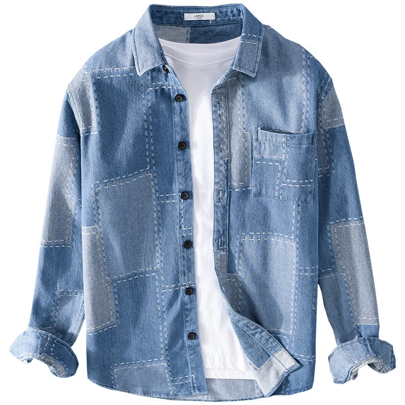 Herren Patchwork-Hemdjacke aus strukturiertem Denim mit sichtbarer Naht und Brusttasche Drune