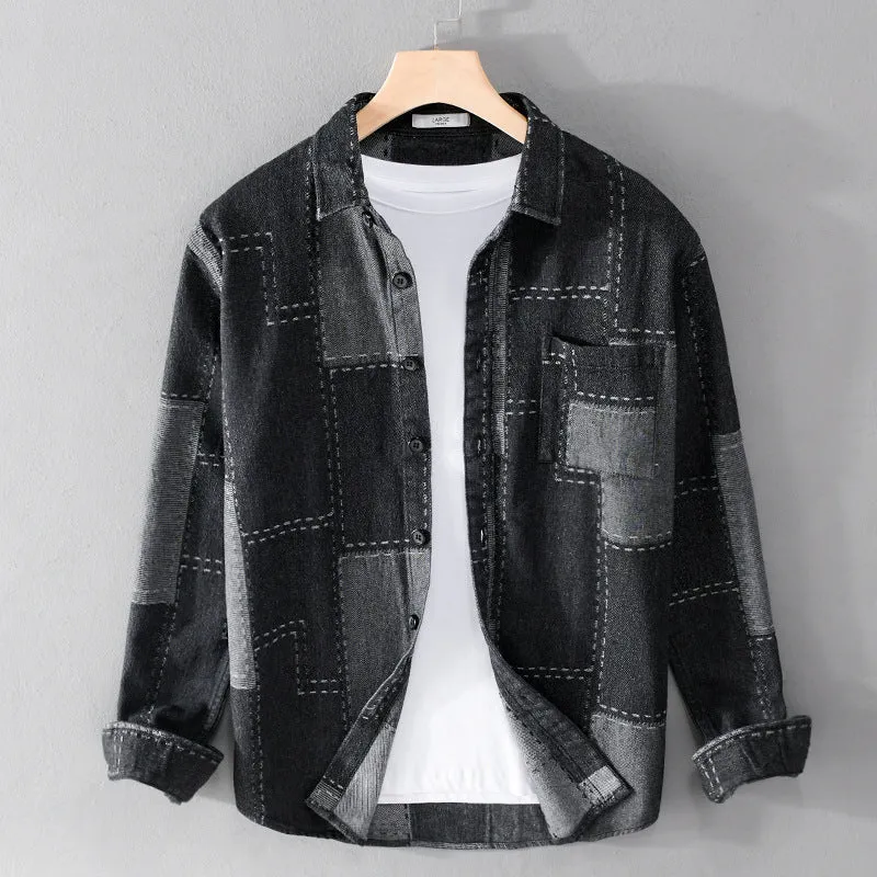 Herren Patchwork-Hemdjacke aus strukturiertem Denim mit sichtbarer Naht und Brusttasche Drune