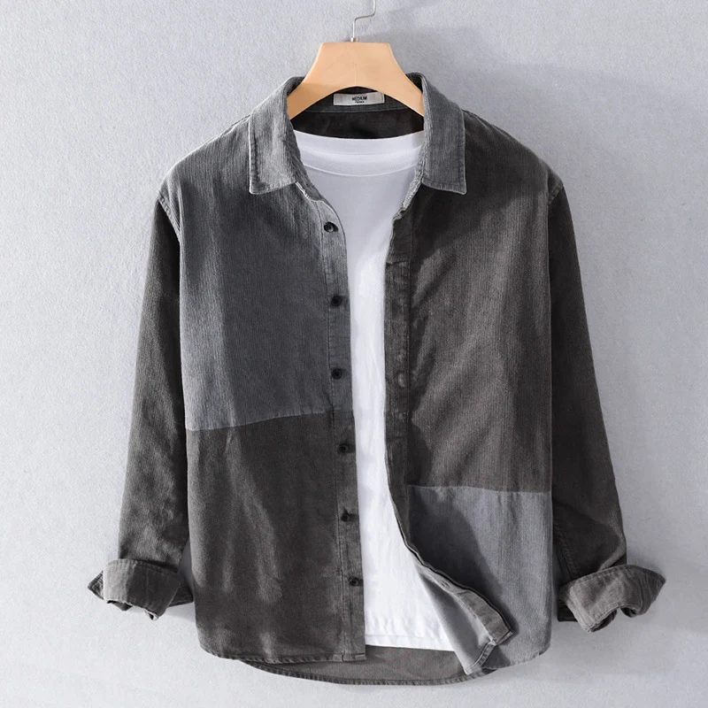Herren Patchwork-Cordhemdjacke im Relaxed-Fit mit Kentkragen Drune