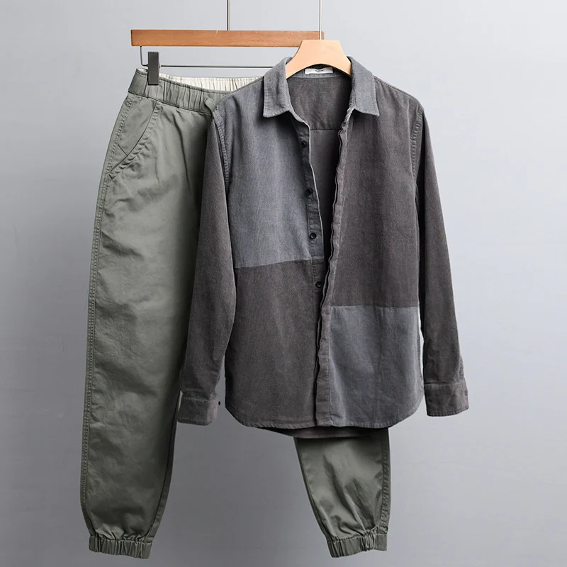 Herren Patchwork-Cordhemdjacke im Relaxed-Fit mit Kentkragen Drune