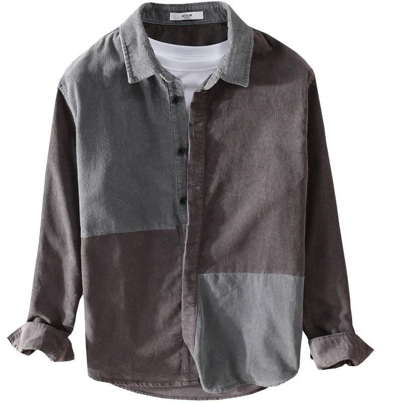 Herren Patchwork-Cordhemdjacke im Relaxed-Fit mit Kentkragen Drune