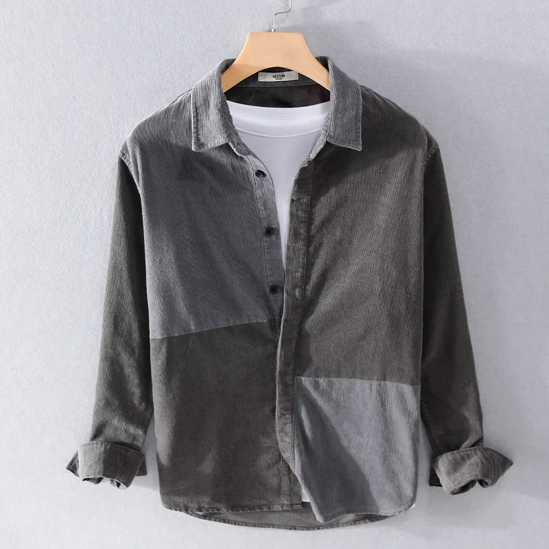 Herren Patchwork-Cordhemdjacke im Relaxed-Fit mit Kentkragen Drune