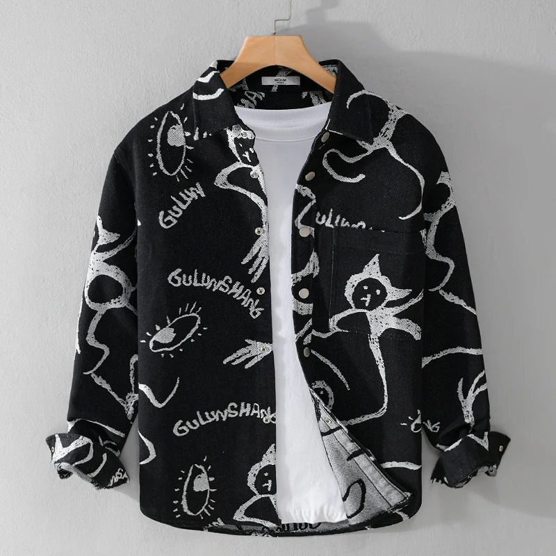 Herren Overshirt mit grafischem Doodle‑Print, Druckknopfverschluss und Brusttasche Drune