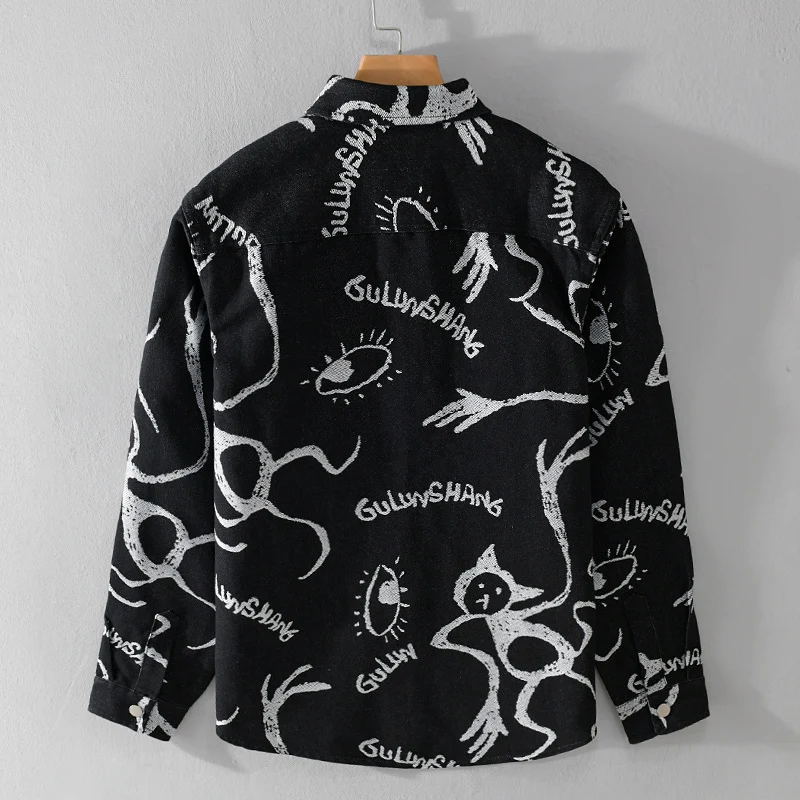 Herren Overshirt mit grafischem Doodle‑Print, Druckknopfverschluss und Brusttasche Drune