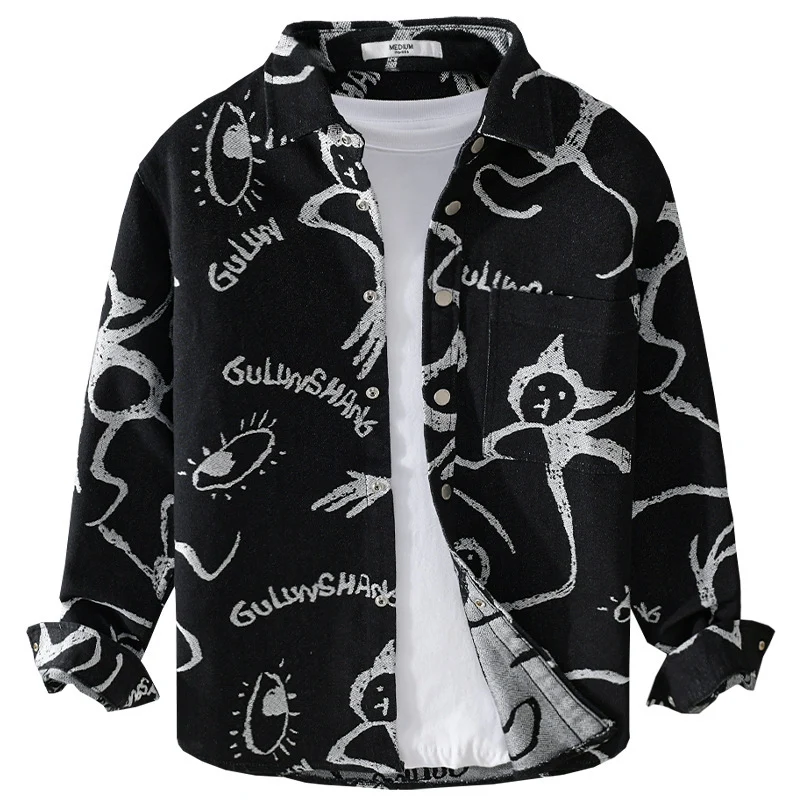 Herren Overshirt mit grafischem Doodle‑Print, Druckknopfverschluss und Brusttasche Drune