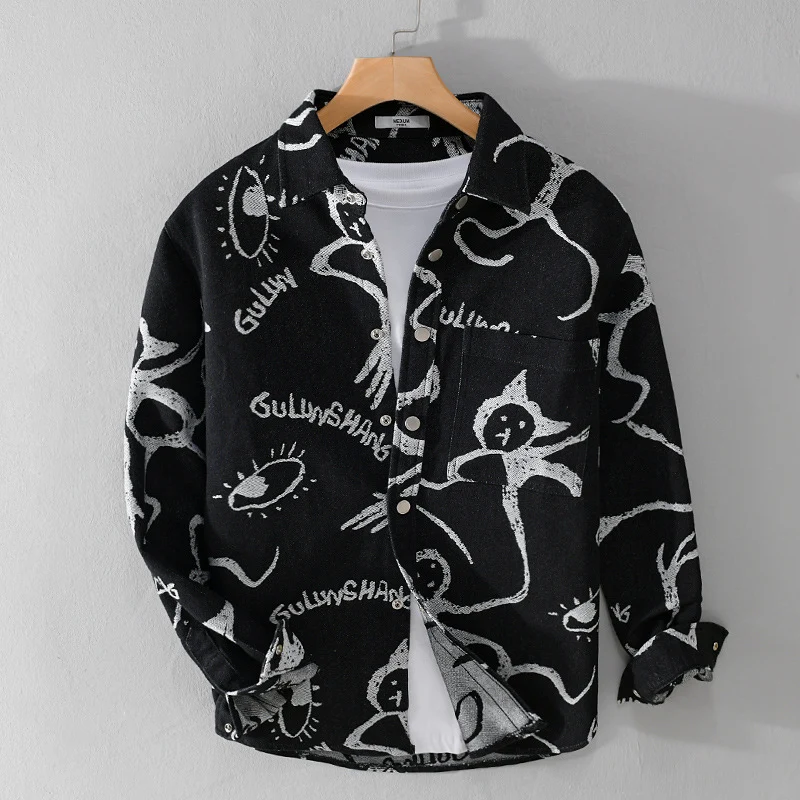 Herren Overshirt mit grafischem Doodle‑Print, Druckknopfverschluss und Brusttasche Drune