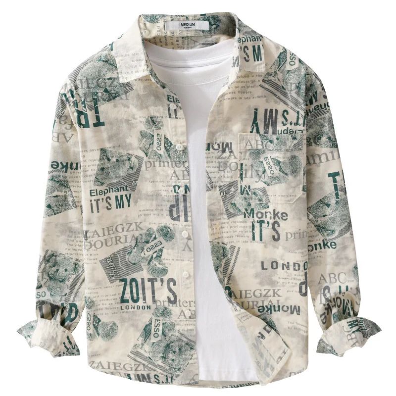 Herren Overshirt aus Baumwoll‑Leinen mit typografischem Zeitungsprint und Relaxed‑Fit Drune