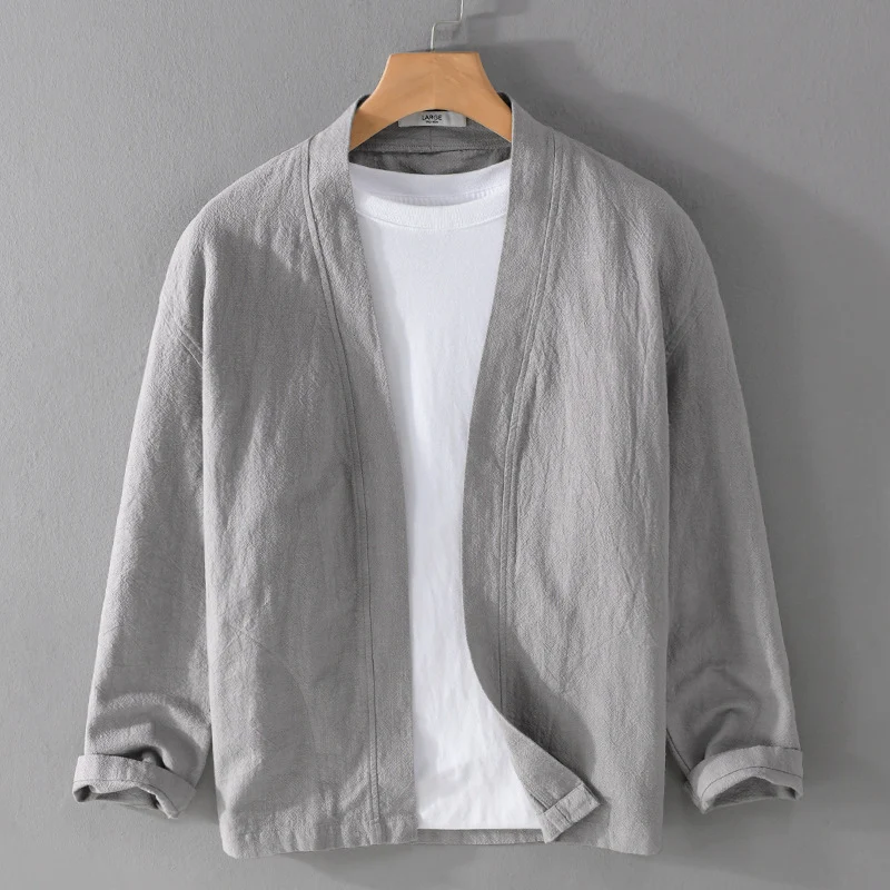 Herren Offene Leinen-Overjacket mit Kimono-Kragen und Relaxed-Fit Drune