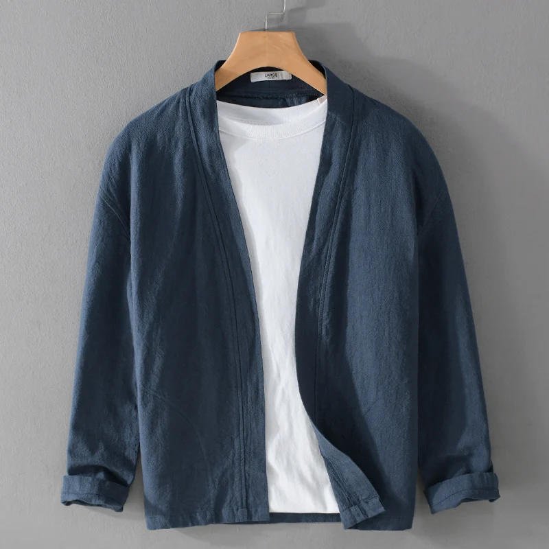 Herren Offene Leinen-Overjacket mit Kimono-Kragen und Relaxed-Fit Drune