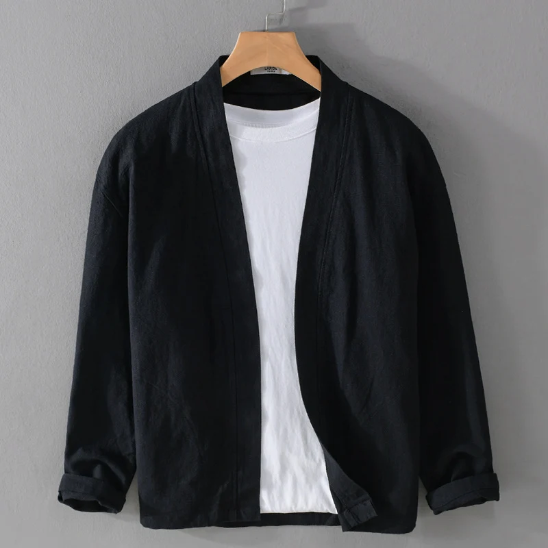 Herren Offene Leinen-Overjacket mit Kimono-Kragen und Relaxed-Fit Drune