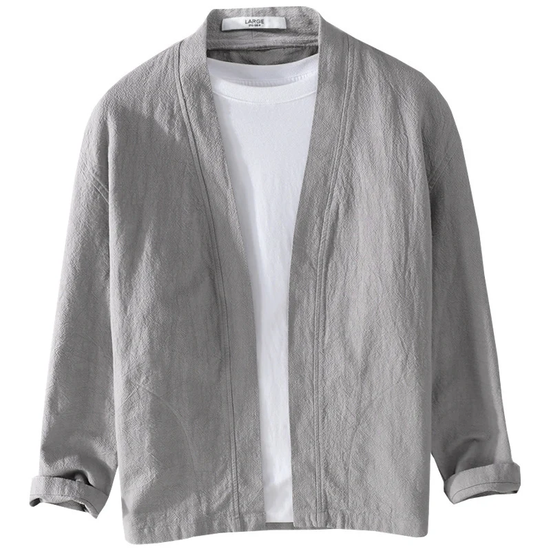 Herren Offene Leinen-Overjacket mit Kimono-Kragen und Relaxed-Fit Drune