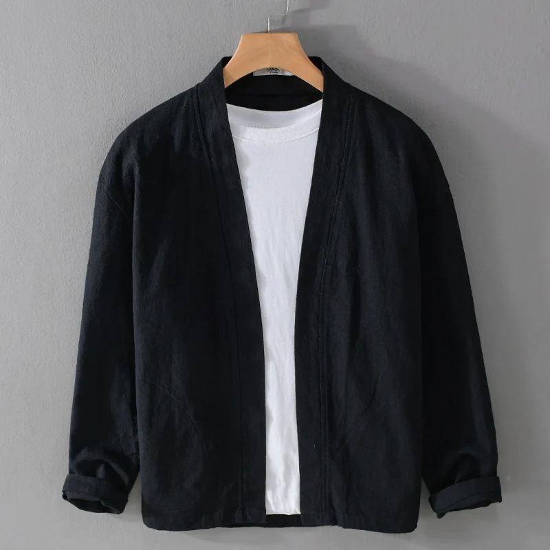 Herren Offene Leinen-Overjacket mit Kimono-Kragen und Relaxed-Fit Drune