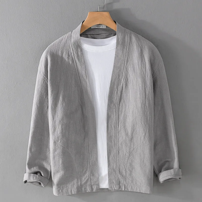 Herren Offene Leinen-Overjacket mit Kimono-Kragen und Relaxed-Fit Drune